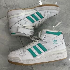 White and Teal Adidas Forum Mid trainers #sneakers